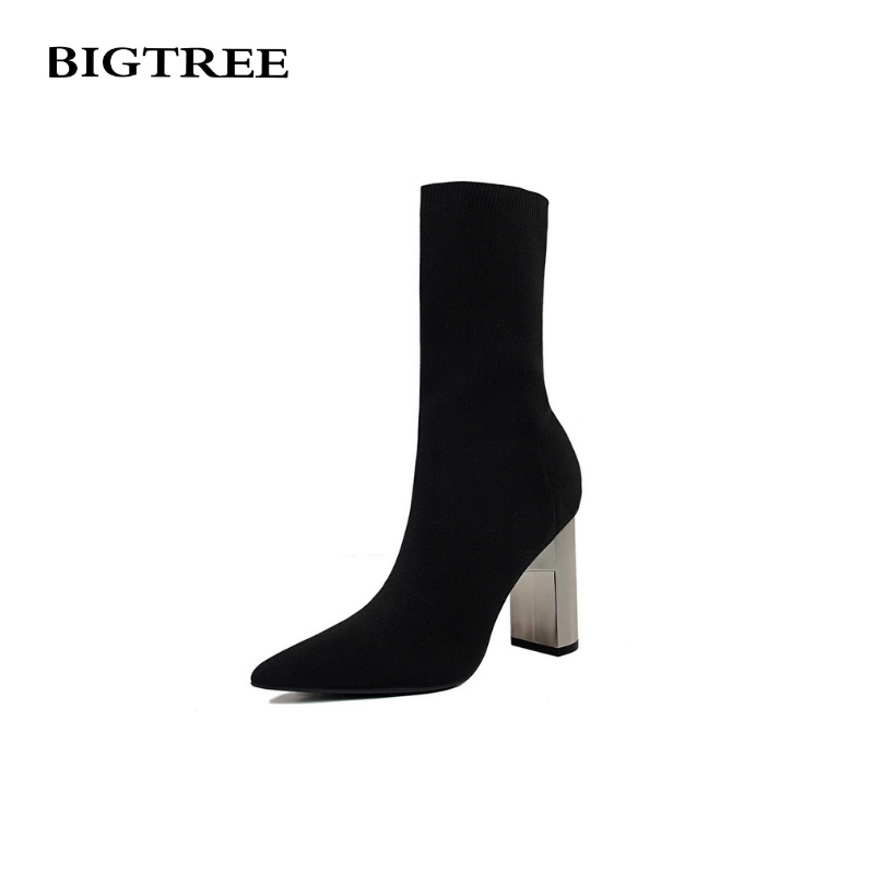 BIGTREE Giày Bốt Cao Gót Mũi Nhọn Bằng Len Màu Đen Quyến Rũ Thời Trang Cho Nữ Size Mall-3128-2