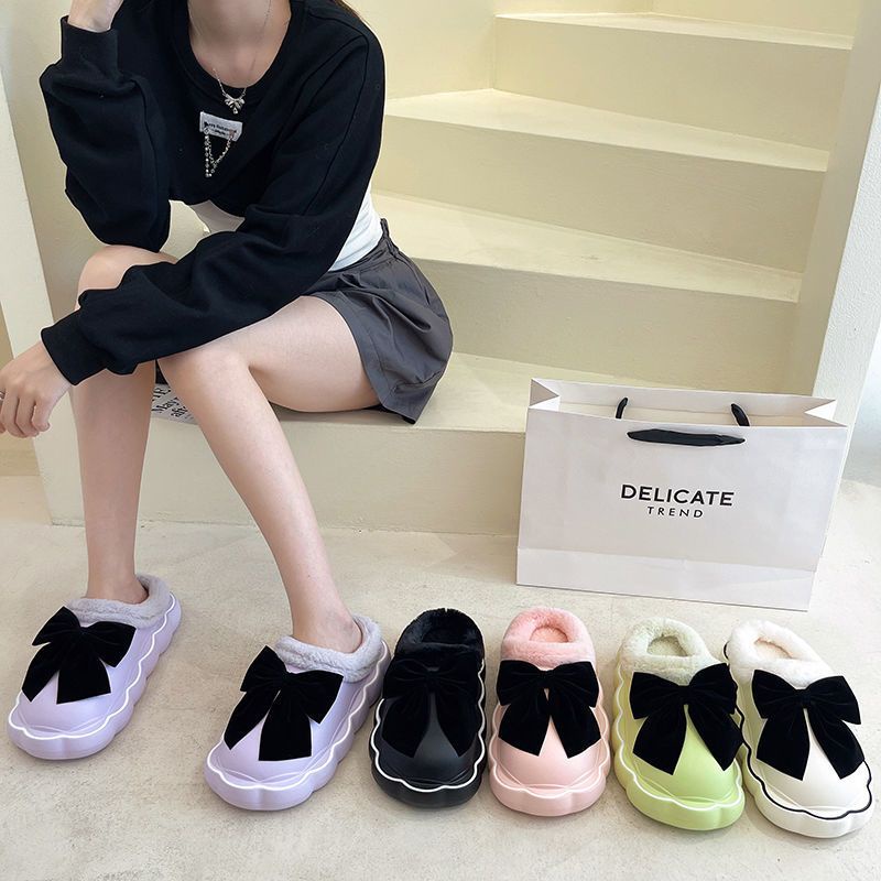 Dép Bông Nữ Đi Trong Nhà Chống Trượt Đính Nơ Dễ Thương