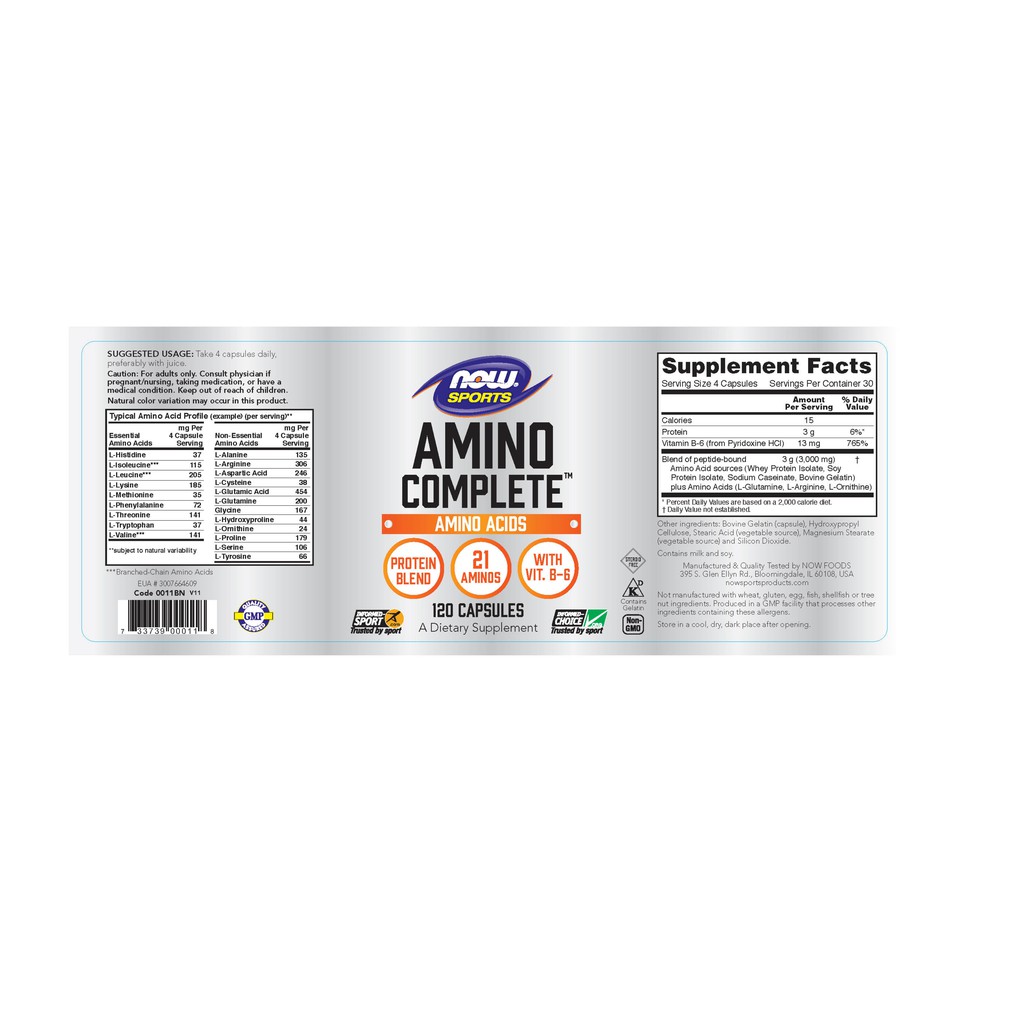 Bổ sung các acid amin cần thiết cho cơ thể, bồi bổ và nâng cao sức khỏe Amino completeTM hãng NOW foods USA