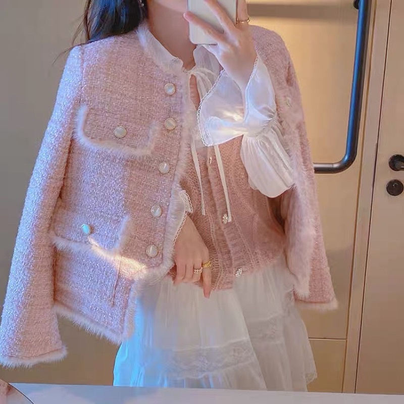 Váy trắng tay bồng dáng dài/ áo khoác dạ tweed màu Hồng tiểu thư xinh xắn dành cho nữ