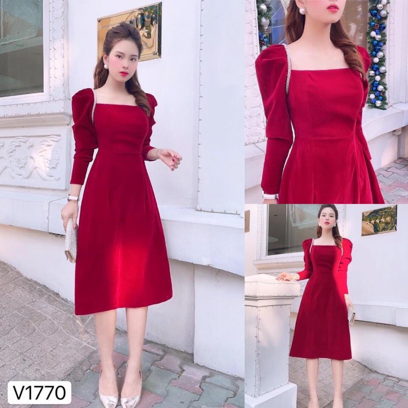 ⚡️ĐẦM NHUNG TAY BỒNG⚡️Đầm nhung cổ vuông tay bồng 2 màu đen đỏ