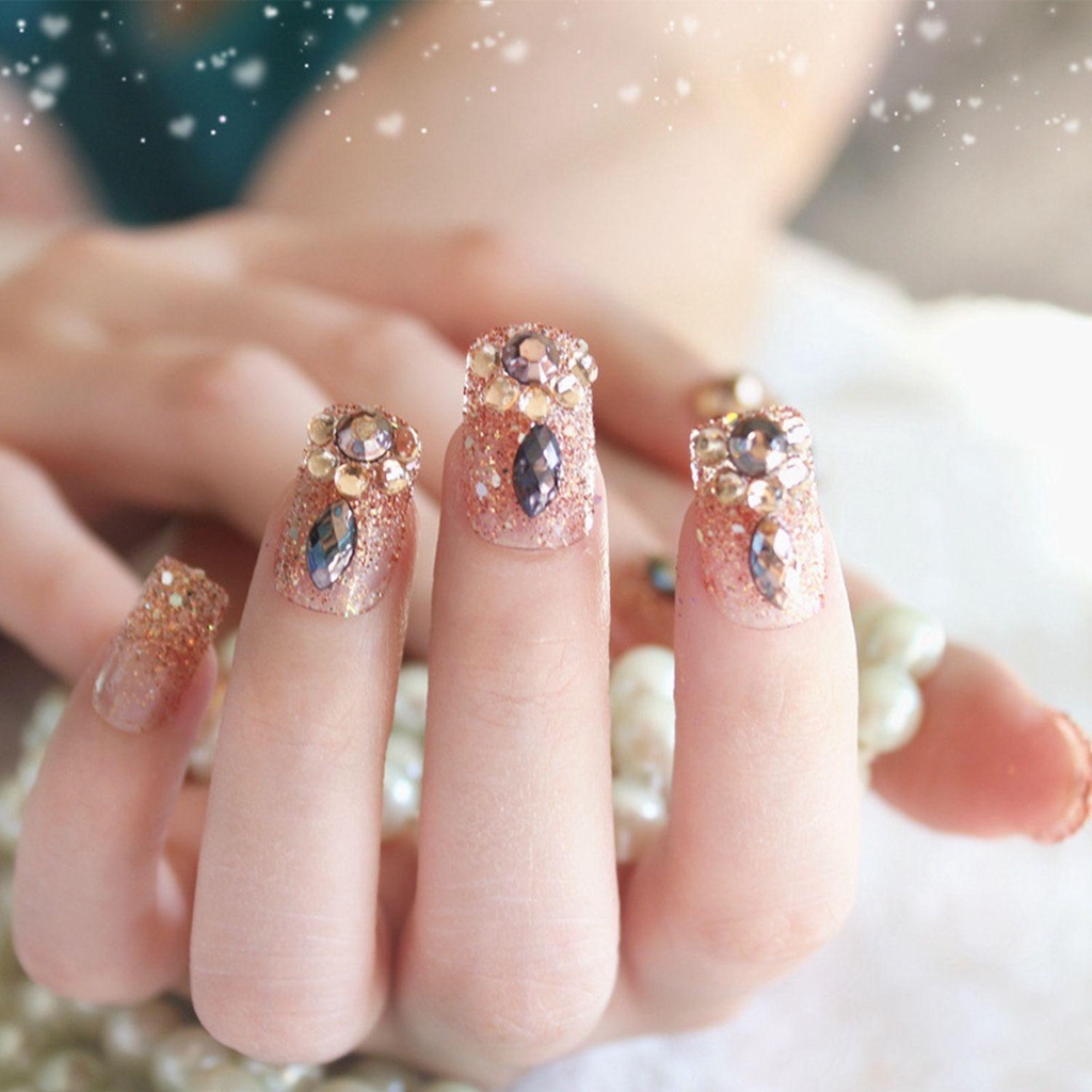 Hộp 24 Móng Tay Giả Đầu Vuông Có Kim Tuyến Ốp|Bộ Móng Tay Giả Trang Trí Nghệ Thuật