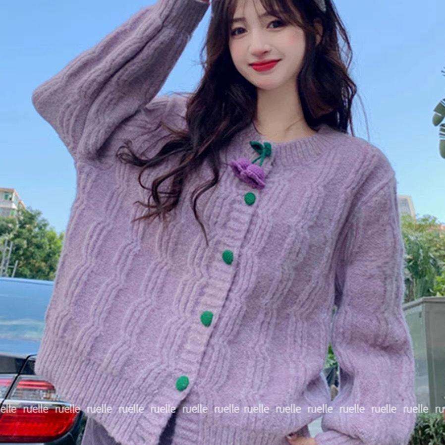 Áo Khoác Cardigan Dệt Kim Dáng Rộng Màu Tím Phong Cách Thời Trang Nhật Bản Mới