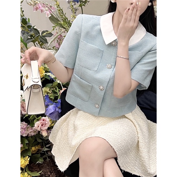 Áo dạ tweed mỏng xanh tay ngắn