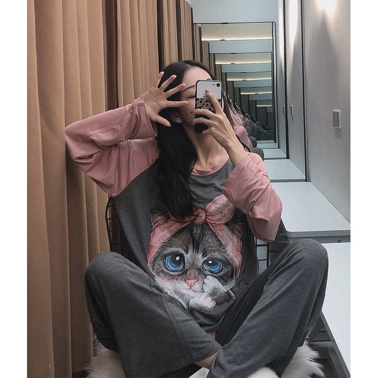 Bộ đồ ngủ thu đông pijama dài tay họa tiết hoạt hình, bộ đồ ngủ nữ hình mèo dễ thương style Hàn Quốc