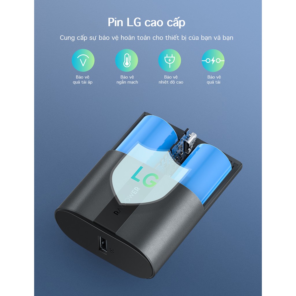 [LÕI PIN LG21700]Pin sạc dự phòng RAVPower Mini 10000mAh PD 18W QC 3.0 Tesla LG Pin Lithium-ion Cell Black RP-PB197