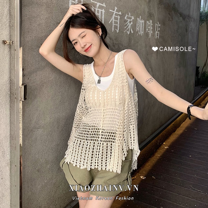 Xiaozhainv Áo Dệt Kim Không Tay Dáng Rộng Phong Cách retro Hàn Quốc Dành Cho Nữ