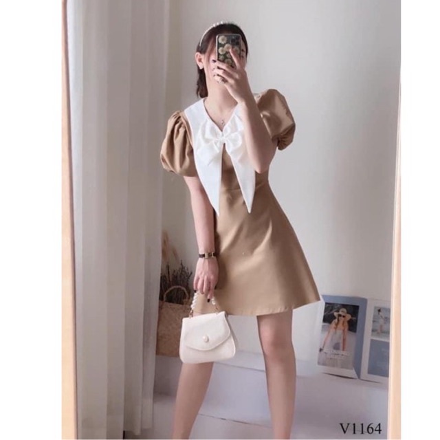 Đầm nude cổ nơ trắng | BigBuy360 - bigbuy360.vn