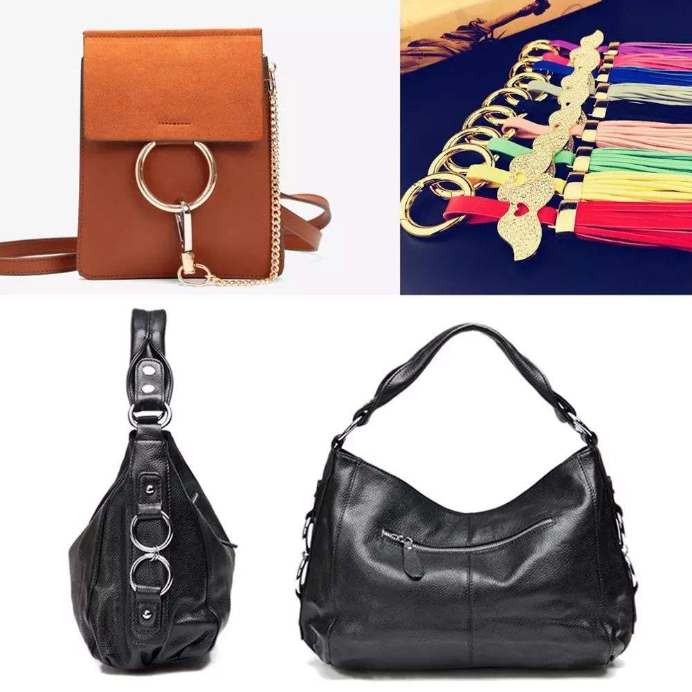 Móc khóa tròn bằng hợp kim kẽm phối dây xích gắn túi xách nhiều màu