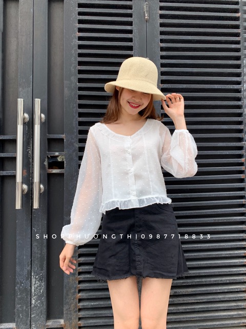 Áo sơmi voan tơ chấm bi - sơmi tiểu thư vintage (hình shop tự chụp/sẵn)