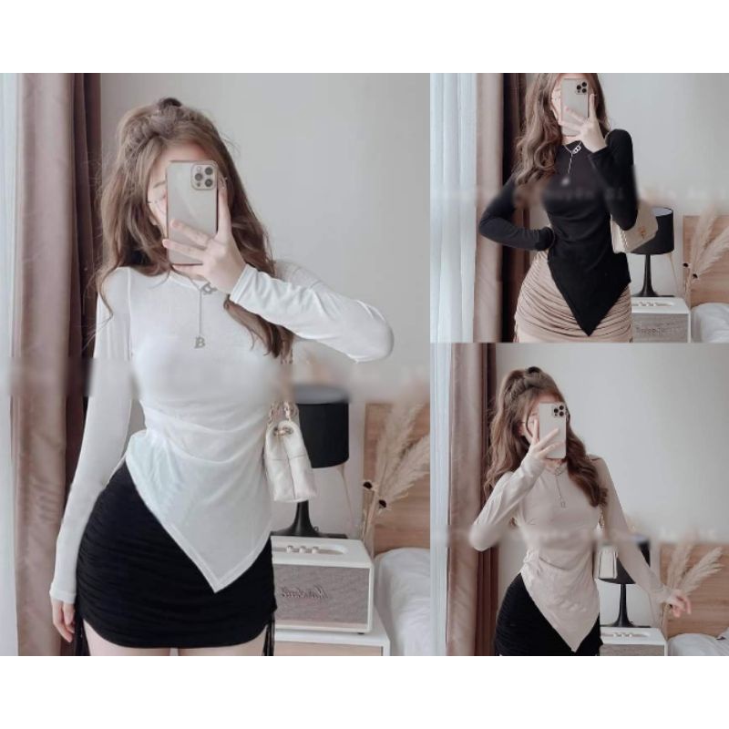 Sét áo thun lụa tay dài mix chân váy rút dây thun borip siêu xinh