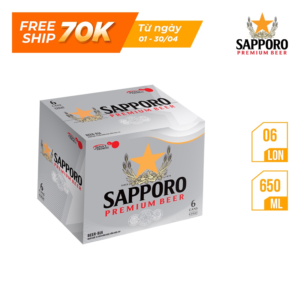 [Freeship Extra 70K] Thùng 6 lon bia Sapporo Premium (650ml/lon)