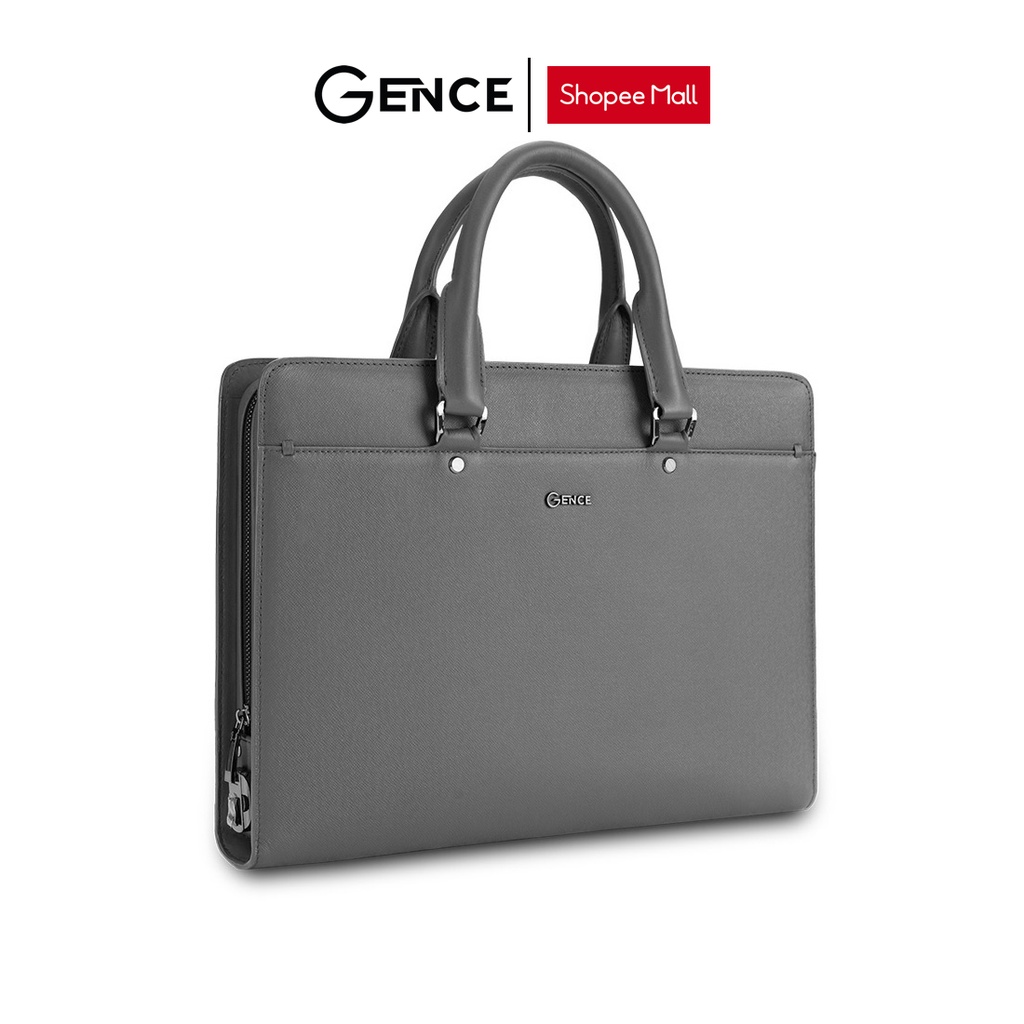 Cặp da nam công sở khóa số cao cấp đựng tài liệu và laptop Gence da bò Taiga màu ghi CGL10