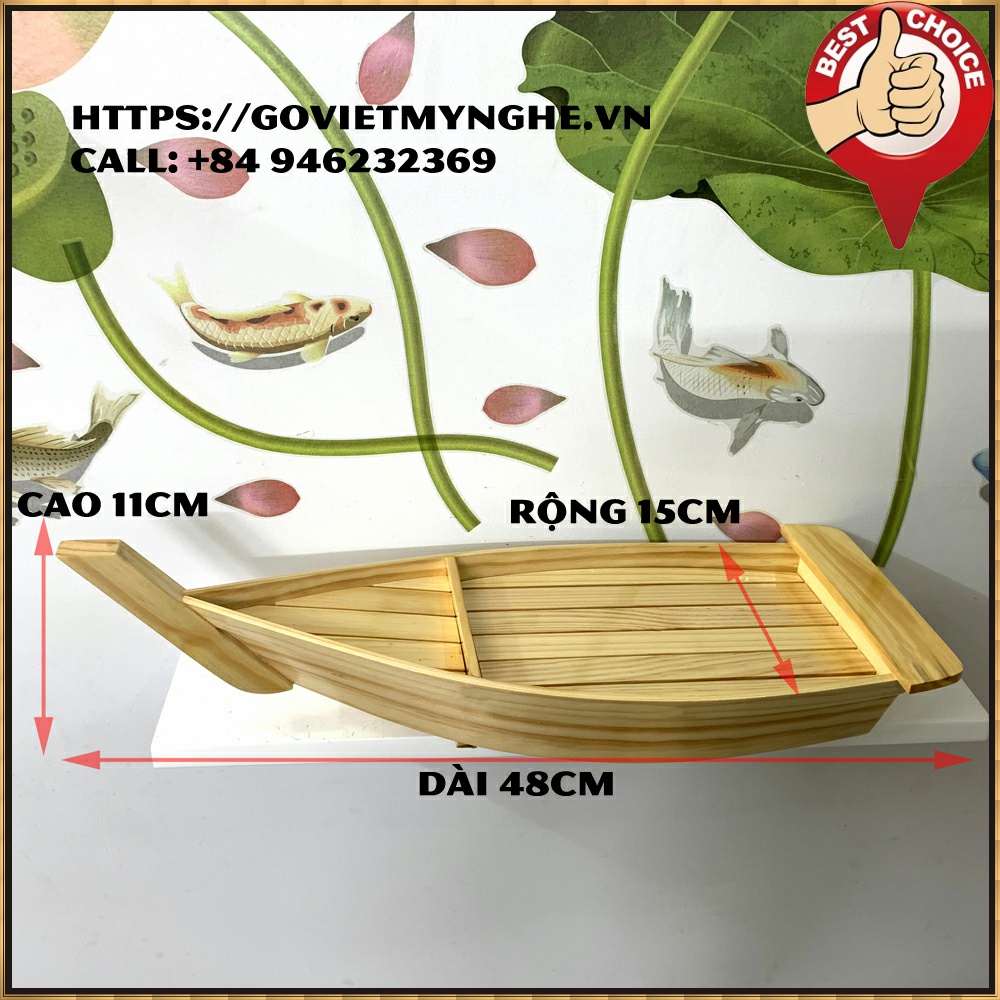 Khay gỗ đựng sushi sashimi - khay thuyền gỗ để setup lẩu - Dài 48cm - Gỗ thông tự nhiên