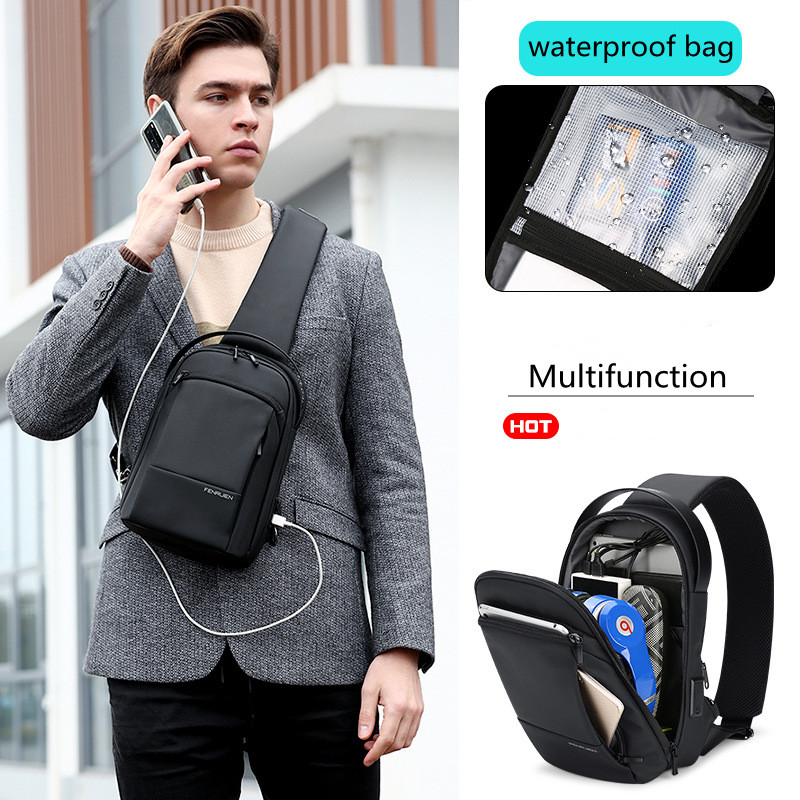 Fenruien New Sling bag Men's Casual Crossbody Bag Waterproof Chest Bag Lightweight Shoulder Messenger Bag with USB Charge