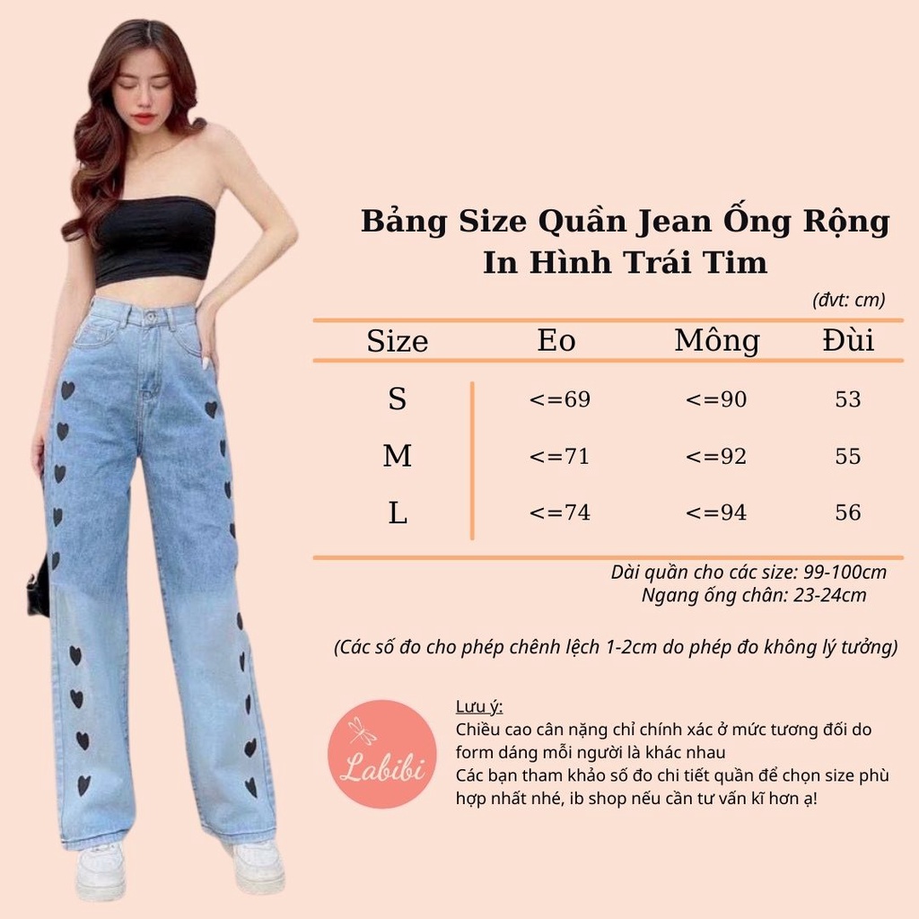 Quần Jean Nữ Ống Rộng Lưng Cao In Hình Trái Tim, Labibi