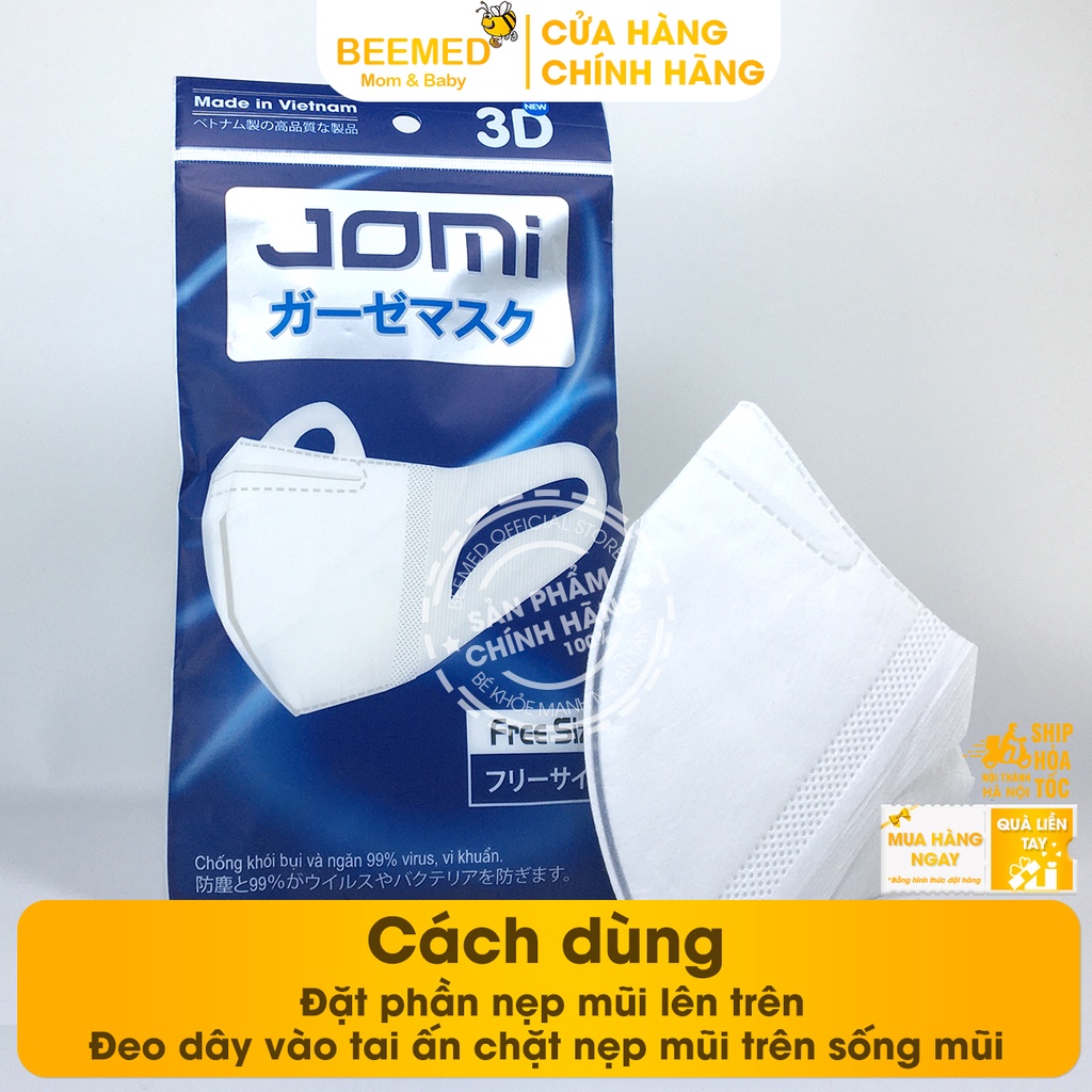 Khẩu trang 3D Jomi lọc khói bụi mịn với màng lọc Meltblown, kháng khuẩn, dây co giãn - túi 5 chiếc màu trắng