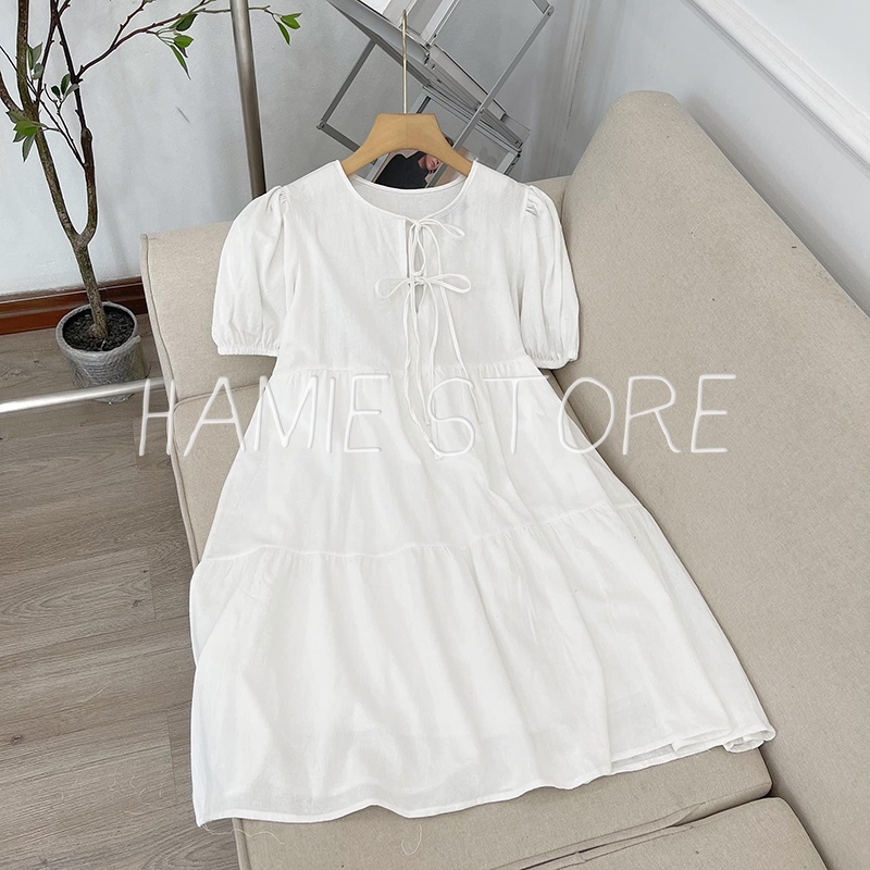 Váy babydoll nữ dáng ngắn xòe tầng tay bồng cổ nơ HV144, váy bánh bèo tiểu thư kiểu dáng hàn quốc | BigBuy360 - bigbuy360.vn