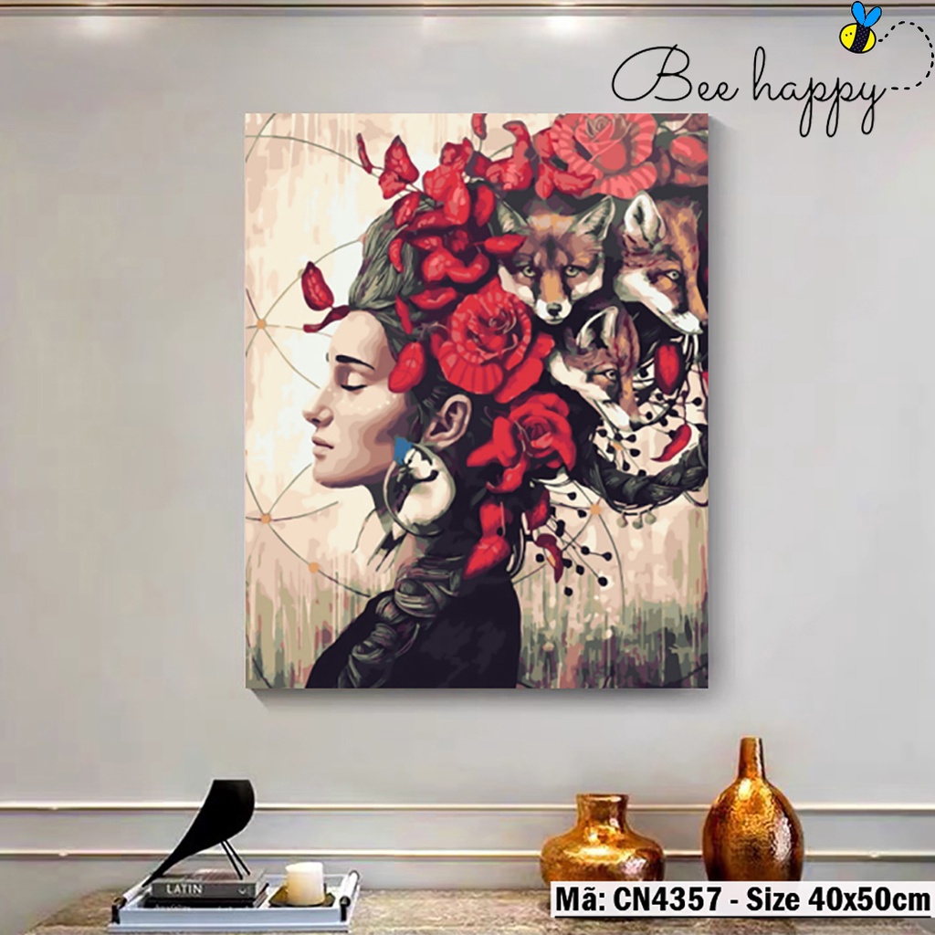 Tranh số hóa tự tô Cô gái và Hoa nghệ thuật BEE HAPYY CN4357