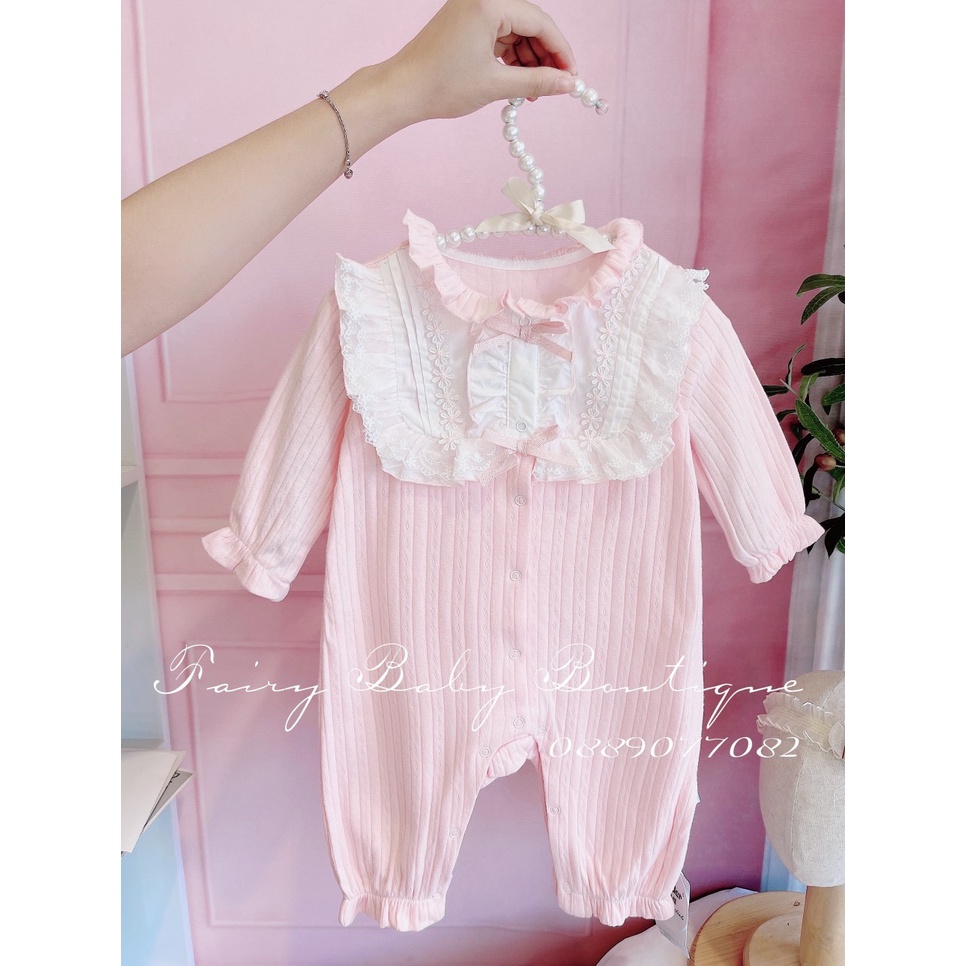Bodysuit dài Hồng cổ vuông trắng tiểu thư