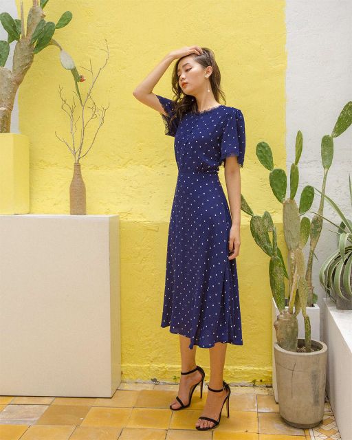 Đầm xòe bi tay phối ren Mentosa D1027