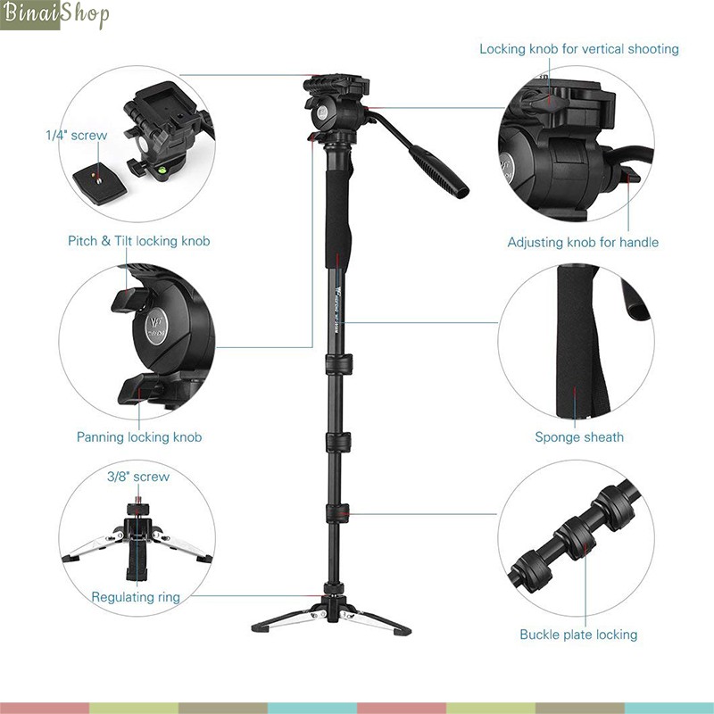 Weifeng WF 3958M - Monopod Hợp Kim Nhôm Cho Máy Ảnh, Máy Quay, Điện Thoại, Có Chân Đế Tripod Phụ