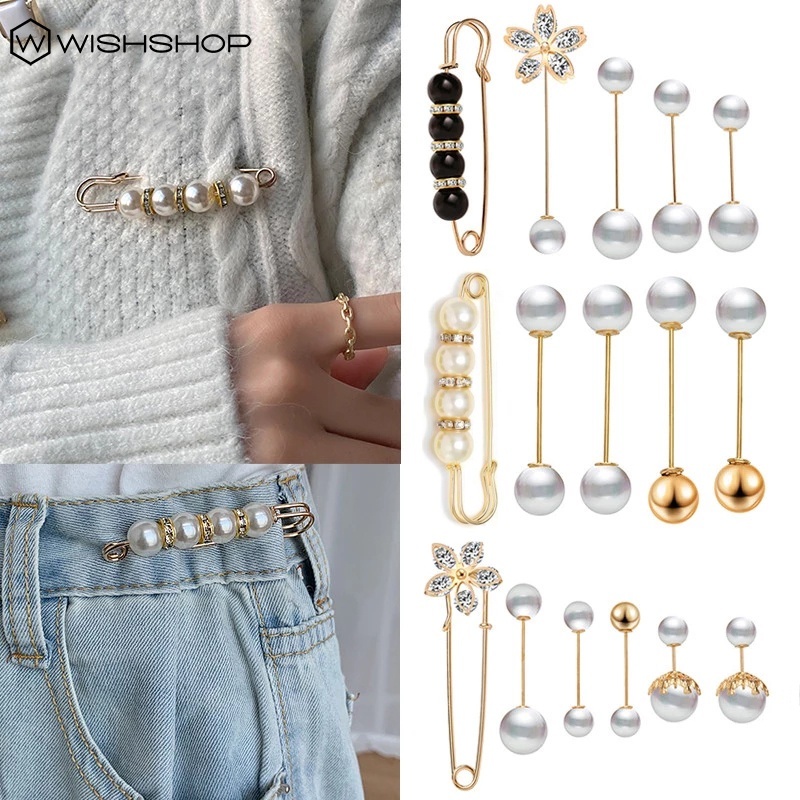 Bộ 6 ghim cài áo / lưng quần đính ngọc trai pha lê giả phong cách vintage cho nữ