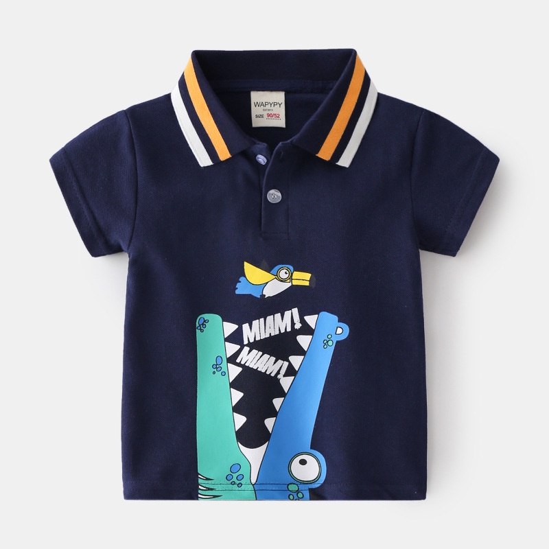 Áo thun polo SOFFNY tay ngắn in họa tiết hoạt hình bằng cotton thời trang mùa hè cho bé trai