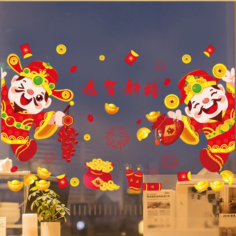 Decal Tết HÍT TĨNH ĐIỆN không dơ kính - 2 Thần Tài đốt pháo Mừng xuân
