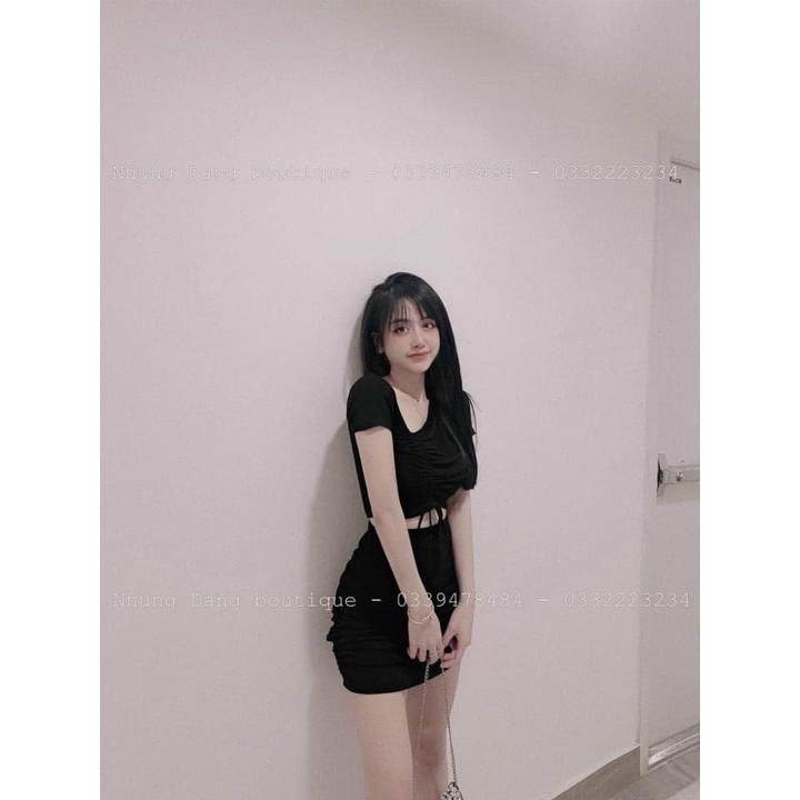 SÉT áo croptop rút dây+chân váy nhún