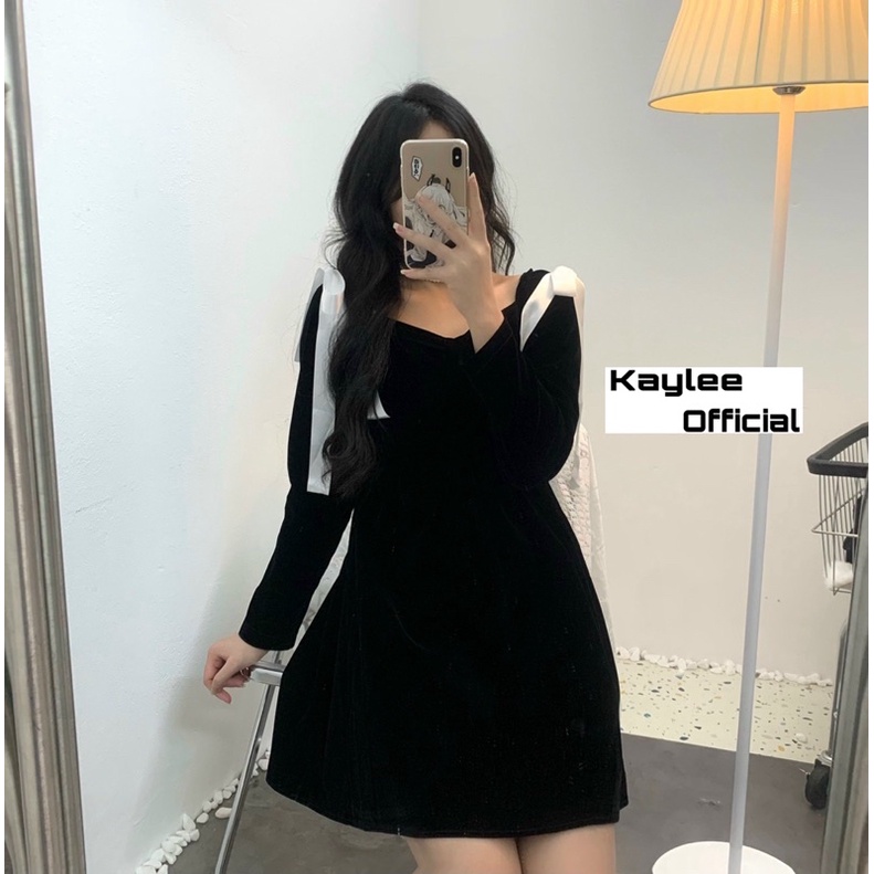 Váy Babydoll Nhung Buộc Nơ Trễ Vai Hàng QC ảnh thật cận chất Kaylee | BigBuy360 - bigbuy360.vn