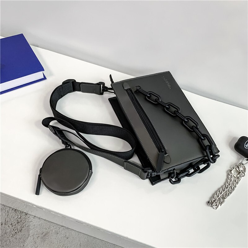 Túi đeo chéo JASMIN NOIR dáng vuông bằng nylon phối dây đeo sợi xích thời trang cá tính cho nữ