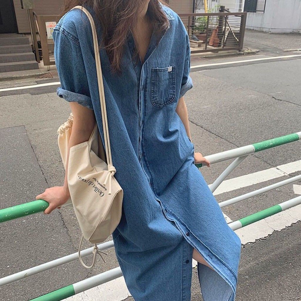 Váy bò retro ngắn tay đầm denim ulzzang Hàn Quốc Đ218 - Có ảnh thật