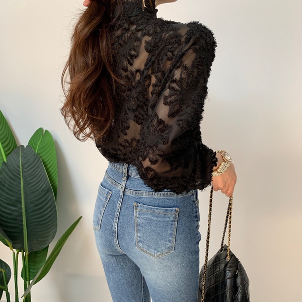 SUXI Áo Sơ Mi Tay Dài Cổ Đứng Phối Ren Đơn Giản Thanh Lịch Dành Cho Nữ