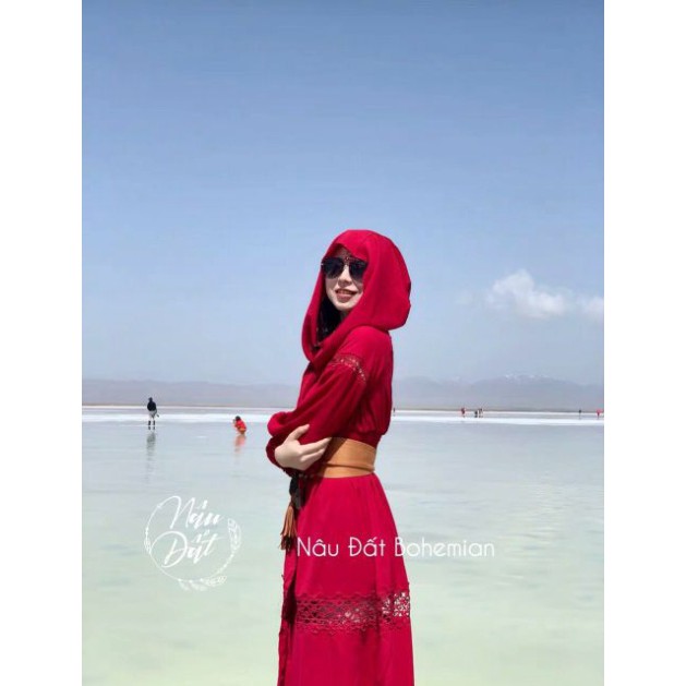 [MÃ VAYD320K-GIẢM 15k] Đầm đỏ phối ren xẻ tà và khăn choàng - đầm đi biển- Đầm maxi đỏ MẪU MỚI TINH THÁNG 5
