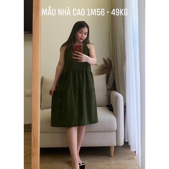 Váy Nữ Cổ Yếm, Đầm Nữ Dáng Suông 3 Tầng Màu Xanh Rêu Dáng Baby Doll hot hit