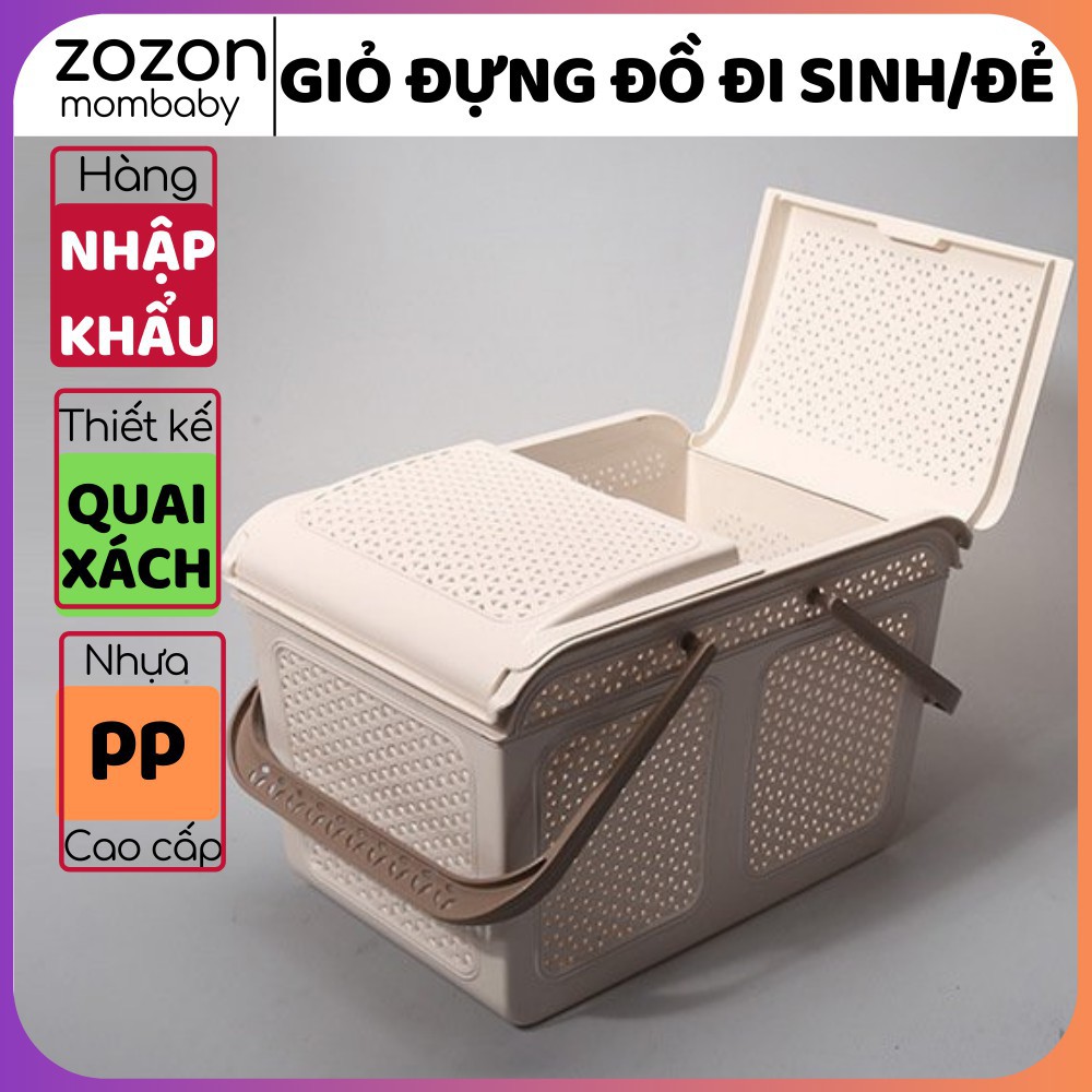 Giỏ đựng quần áo, rổ nhựa chữ nhật đựng đồ đi sơ sinh có nắp đậy quai xách, giỏ đi chợ, nhựa PP cao cấp Zozon nhập khẩu