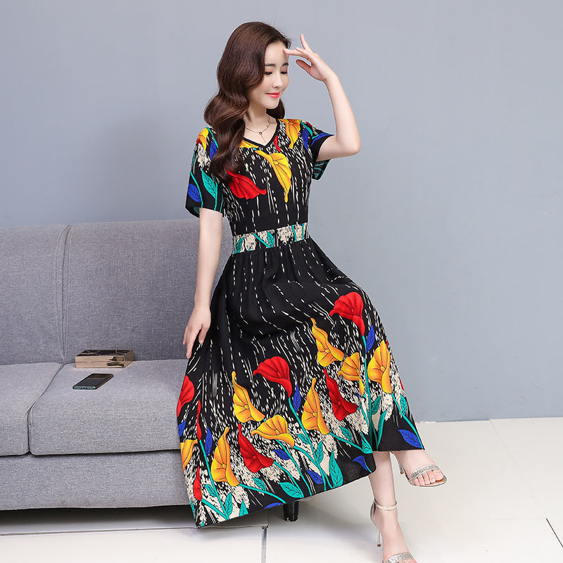 Dress 2021 new summer mother's imitation ice silk waist shows thin and noble, foreign style, over the knee big swing printing | BigBuy360 - bigbuy360.vn