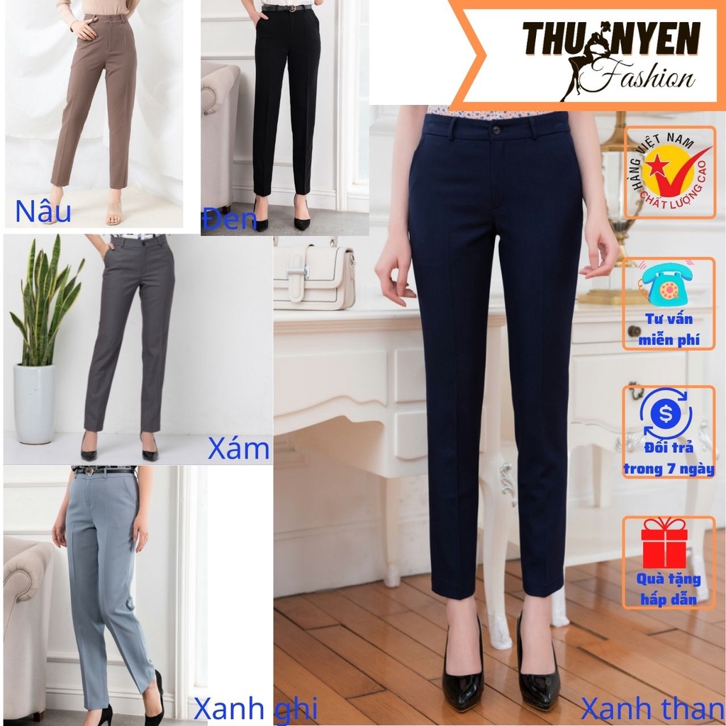 Quần tây đen công sở nữ dài 2 khuy bấm mặc đi làm, học cạp lưng cao - Dáng quần baggy vải công sở dày mềm phối áo sơ mi