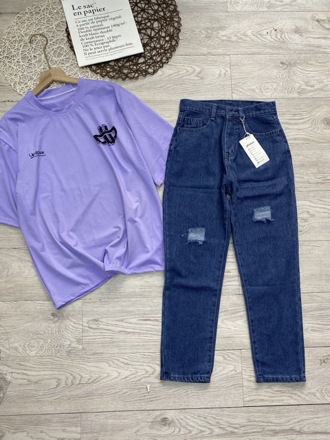 Quần baggy jean xanh đậm rách cơ bản, hình thật tự chụp