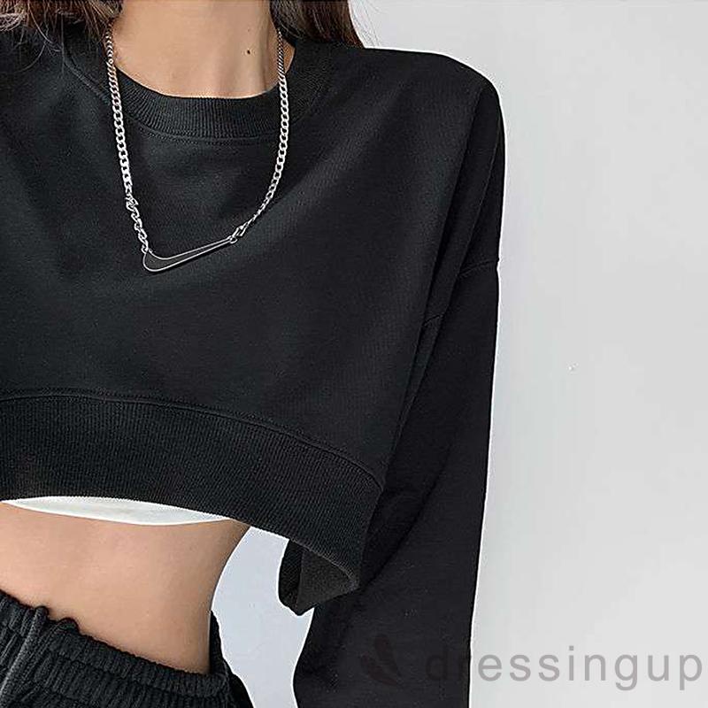 DRE-Women’s Casual Long Sleeve Fashion Solid Color Round Neck Exposed Navel T-shirt