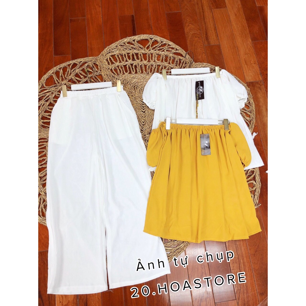 SET ÁO TRỄ VAI Babydoll Tay Rời Vàng Trắng Mix QUẦN DÀI ỐNG RỘNG Quần Sớ Trắng BÁNH BÈO Đi Biển