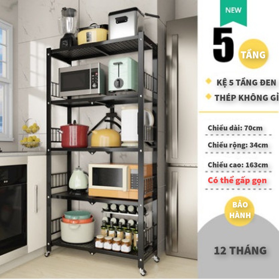 Kệ sắt gấp gọn đa năng 3 tầng, 4 tầng, 5 tầng có bánh xe - dễ dàng tháo lắp, tải trọng 200kg để đồ nhà bếp