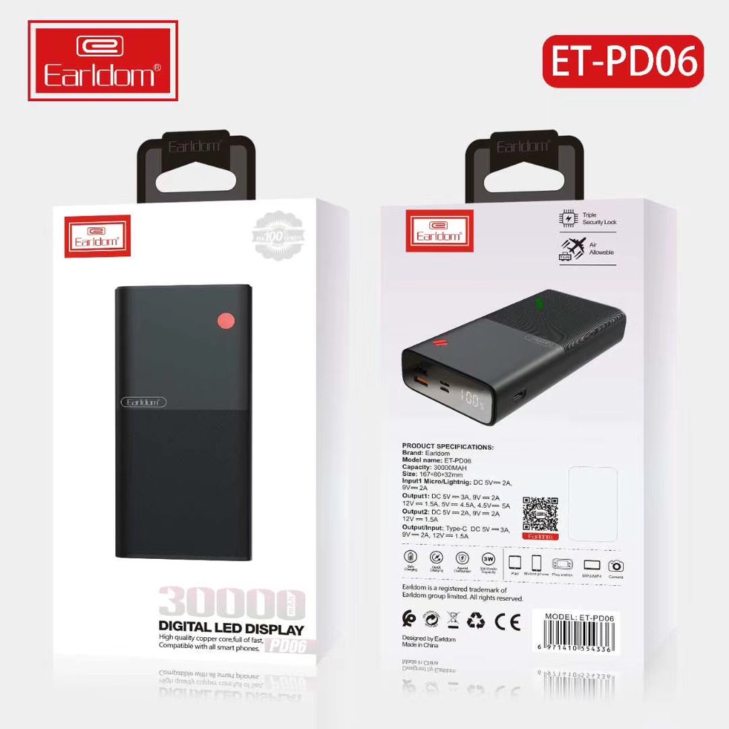 CHÍNH HÃNG EARLDOM Sạc Dự Phòng Earldom 30.000mAh PD – 06 | Phụ Kiện Thông Minh 247 VN