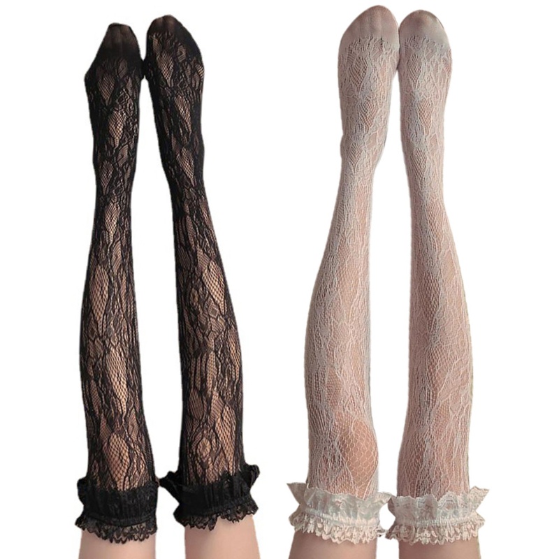 Vớ cao đến đùi lưới cá họa tiết ren hoa phối diềm xếp nếp phong cách Lolita