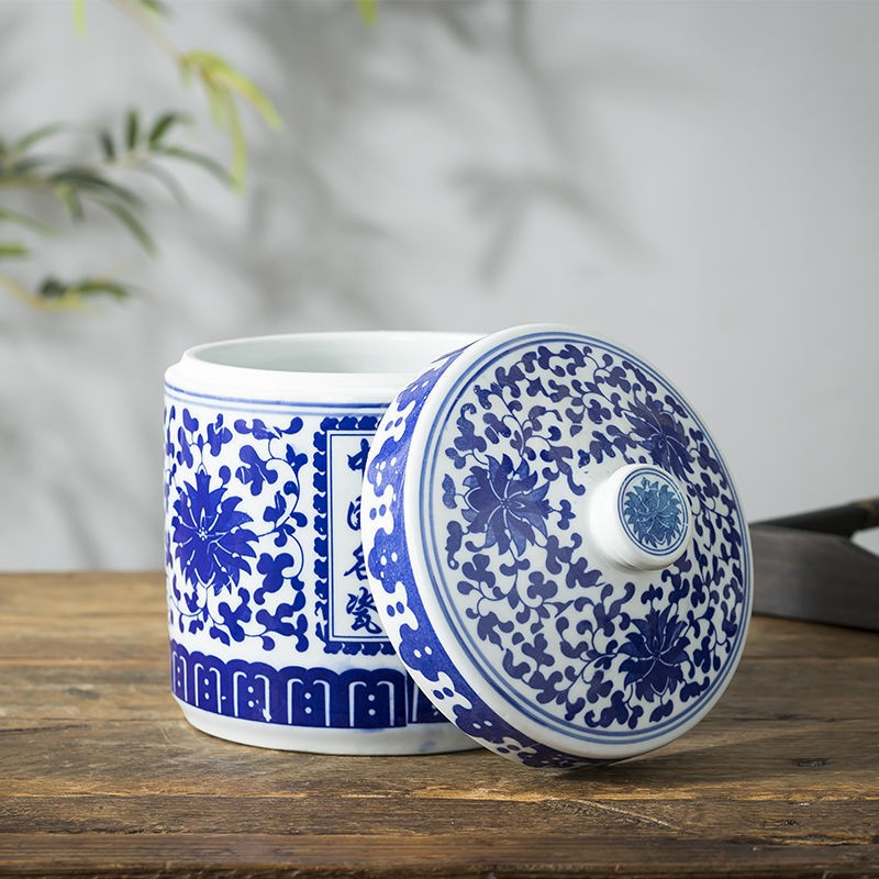 Jingdezhen gốm sứ truyền thống Trung Quốc bình bảo quản trà kín chậu xanh trắng đựng thuốc mỡ vuông thạch cao