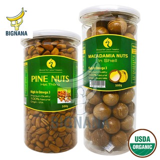 Combo Hạt Thông Mỹ 500gr, Macca Úc Nứt Vỏ Hộp 500gr, Tặng Kèm Miếng Tách Vỏ, Hạt Mắc Ca Khứa Vỏ