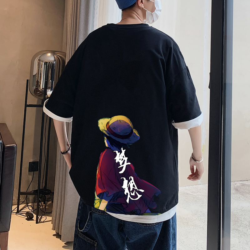 Áo thun cotton tay ngắn dáng rộng in hình Luffy One Piece kích thước lớn M-3XL thời trang 2020 cho học sinh nam