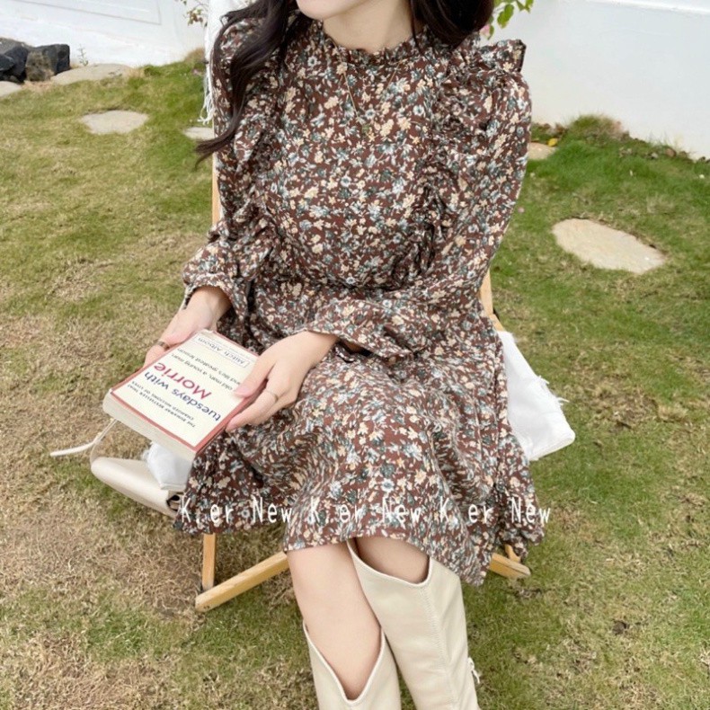 Váy hoa nhí bèo cổ, đầm hoa nhí ngắn, cổ tròn