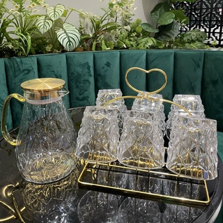 🌸 Set 6 Cốc Thuỷ Tinh Kim Cương Hongli + Bình nước  - Không kèm khay và giá úp